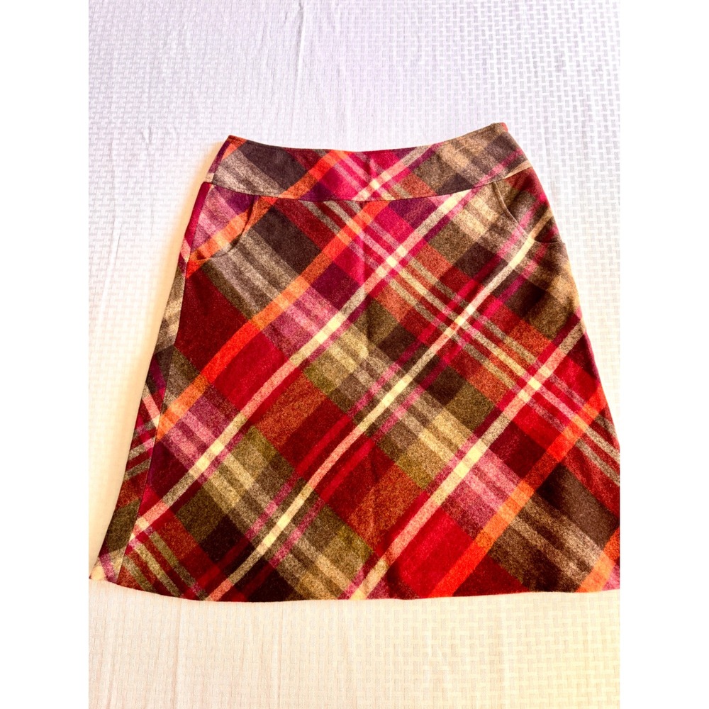 Talbots 100% Wool Plaid A-Line Skirt Red Orange Burgundy Size 14 Dark Academia
